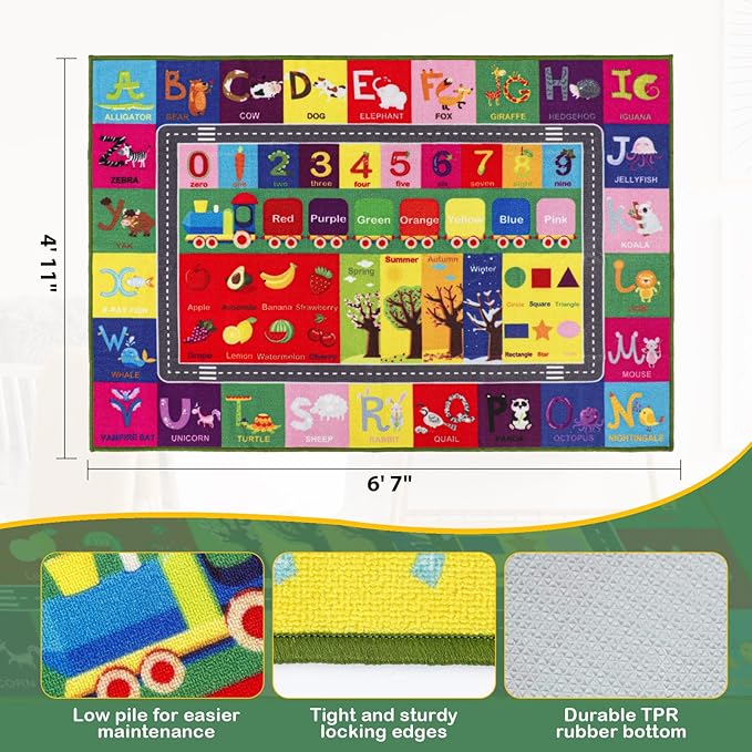 ABC Alphabet, Numbers, Shapes, Fruits, Seasons Educational Area Rugs Kids Rug for playroom Circle time Rugs for Preschool Classroom Alphabet Rugs for Kids playroom, 4' 11" x 6' 7"