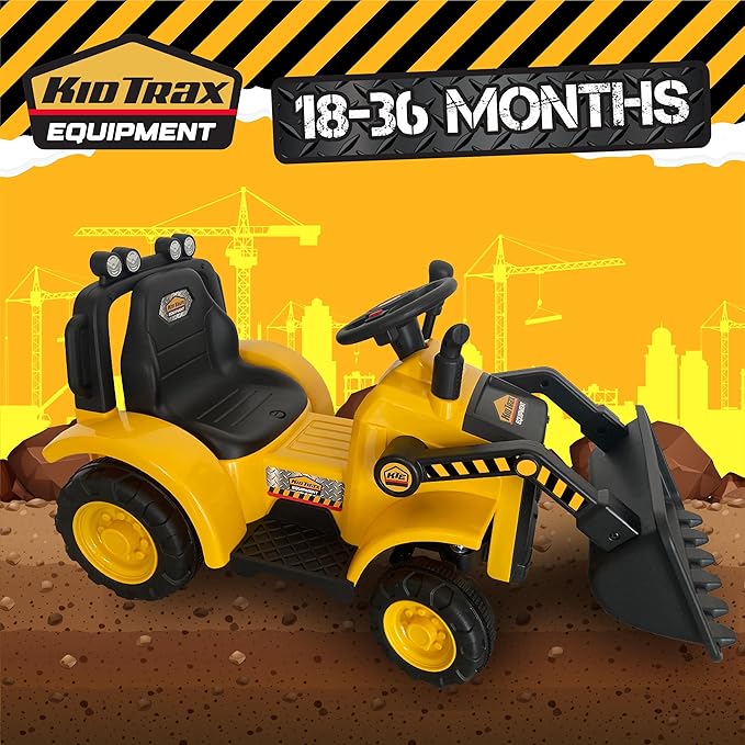 Kid Trax 6V Frontloader Ride-On Toy for Kids, Ages 18-36 Months, Max Weight 44 lbs, Easy Push Button Drive System and Pull Front Bucket Lever, Includes Toy Hard Hat