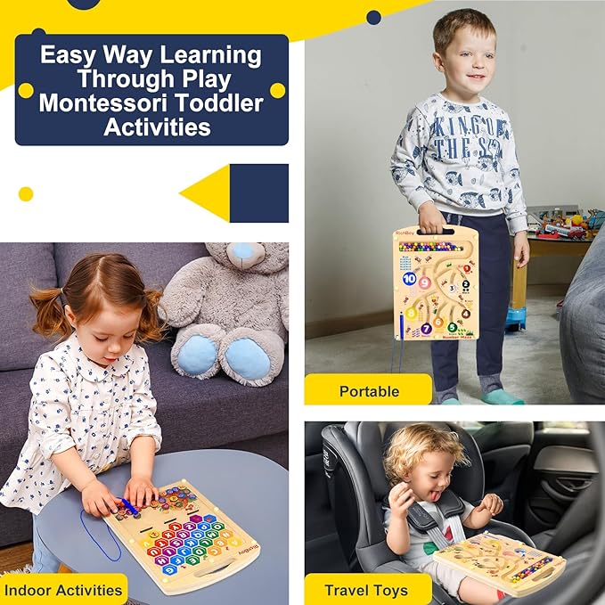 RichBoy Magnetic Maze for 3-5 Year Old, 2-in-1 Magnetic Color and Number Maze, Double-Sided Wooden Busy Board Fine Motor Skills Montessori Toys, Portable Travel Puzzle Game Toddlers Toys