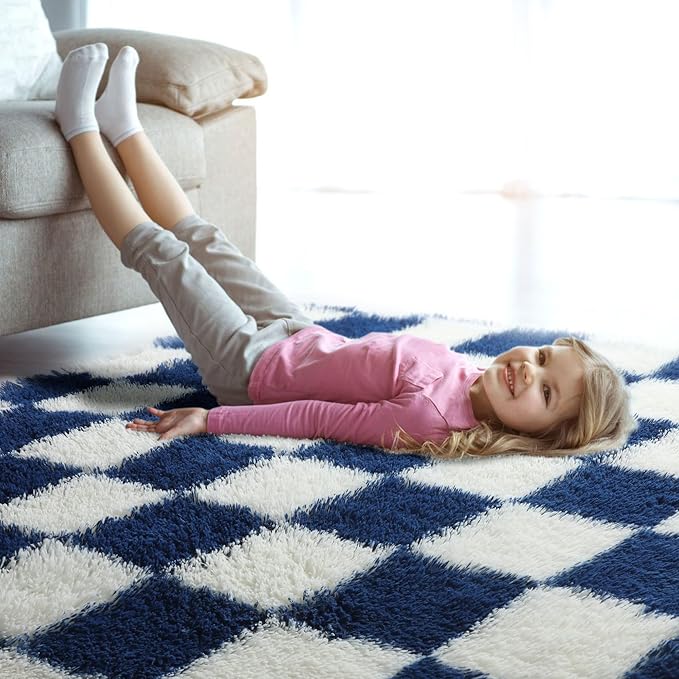 KICMOR Living Room Rug 5x7 Checkered Fluffy Area Rug, Navy Blue and Cream White Fuzzy Shag Shaggy Bedroom Carpets, Soft Plush Indoor Floor Rug for Kids Boys Girls Room Nursery Playroom Home Decor