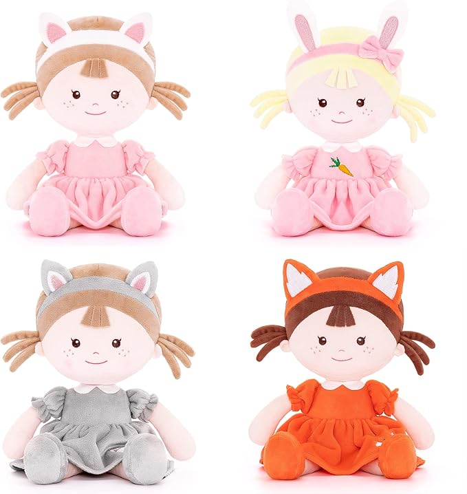 Onetoo First Baby Doll Soft Baby Gifts for Girls Plush Rag Doll Wear Kitty Costume Gray Dress 14"