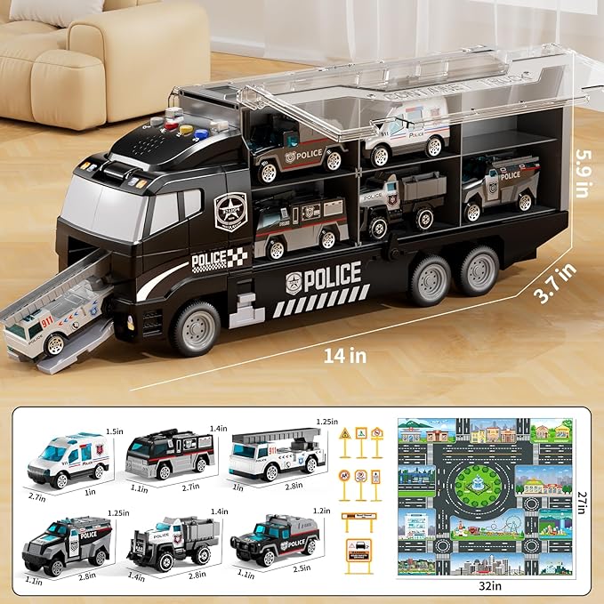 Toddler Boys Toys for 3 4 5 6 Years Old, Police Truck Vehicle Toy Set with Play Mat, Die-Cast Toy Car Carrier Truck for Kids, Birthday Gifts Toys for 3 4 5 6 7 8+ Year Old Boys