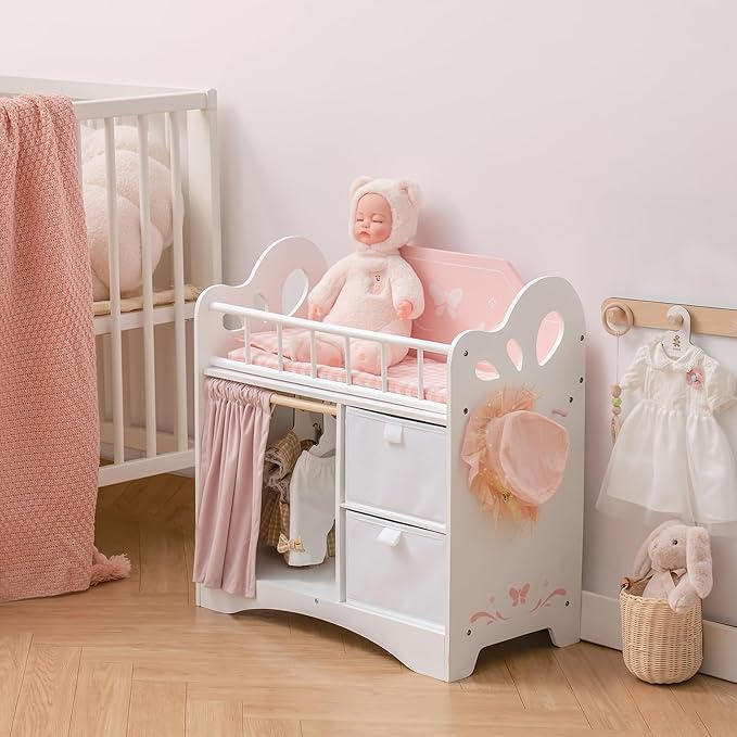 ROBOTIME Baby Doll Crib, Wooden Doll Bed, Toy Baby Crib with Storage, Bedding, and Wooden Hooks, Doll Crib Fits Dolls up to 21", Doll Furniture for American Girls Ages 3+ (Pink)