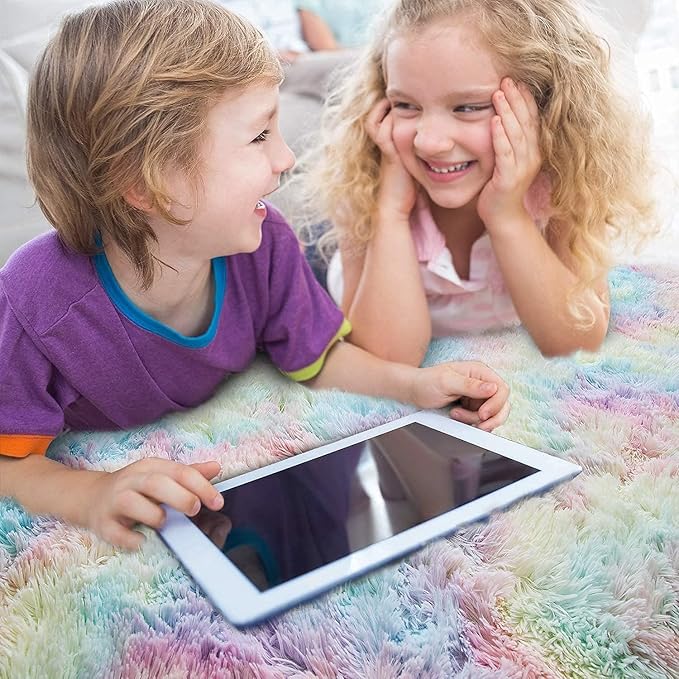 AROGAN 8x10 Feet Soft Rainbow Area Rugs for Kids Girls Room, Fluffy Cute Colorful Princess Carpet for Kids Teens Nursery Toddler,Bedroom, Pink