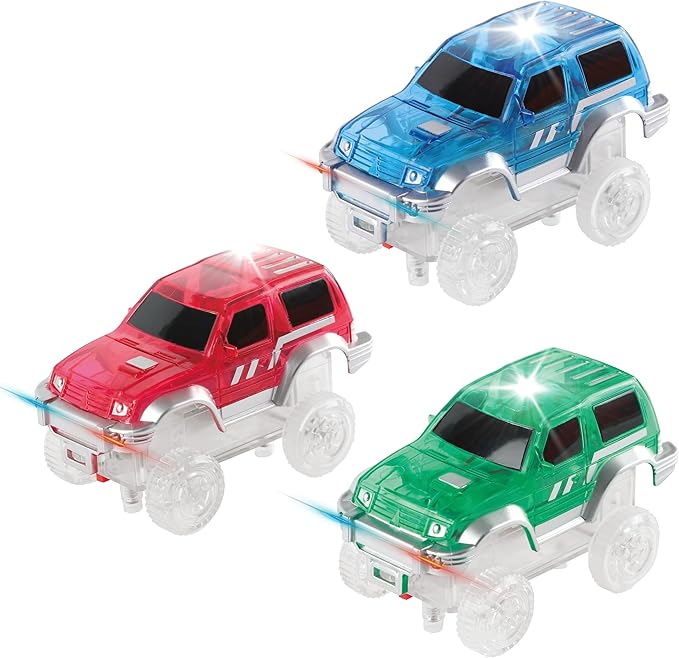PicassoTiles 3 pcs Magnetic Toy Car Set Light Up LED Highly Detailed Compatible with Magnet Race Track STEM Truck Replacement Accessories Educational Building Kits for Toddlers Boys & Girls Ages 3+
