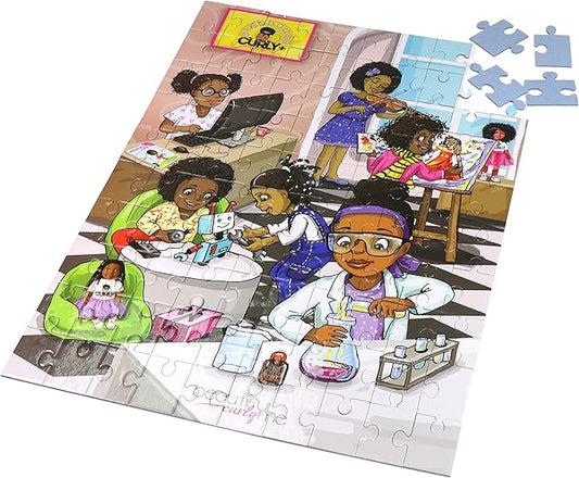 Curly + Confident Clubhouse 100 Piece STEM Jigsaw Puzzle for Future Scientists, Engineers, Artists, Kids Ages 4-8, Kids Ages 8-12. Inspire Love of STEAM by Beautiful Curly Me