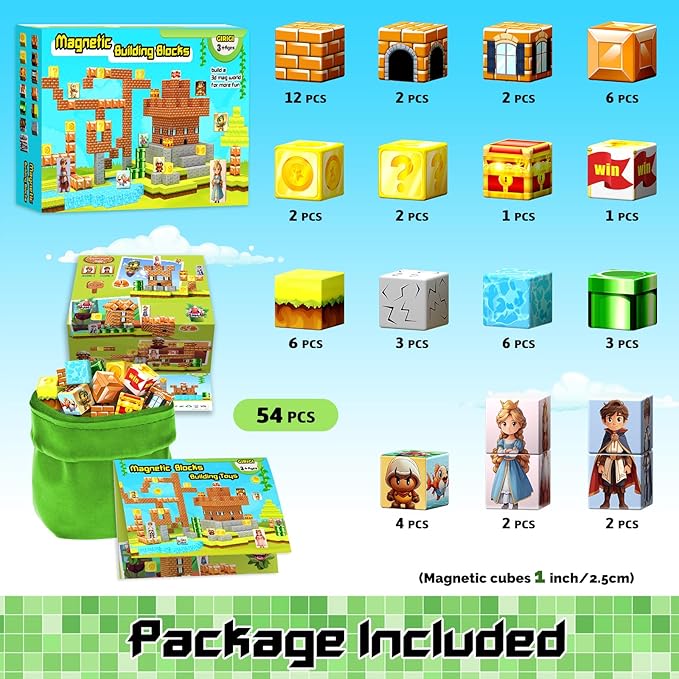 54 Pcs Magnetic Blocks-Building Blocks Games Elements,Magnetic Cubes Toys for Boys & Girls Ages 3-5 5-7 6-8,Creative Montessori Sensory Toys,Fun Birthday Gift for 3+ Years Old