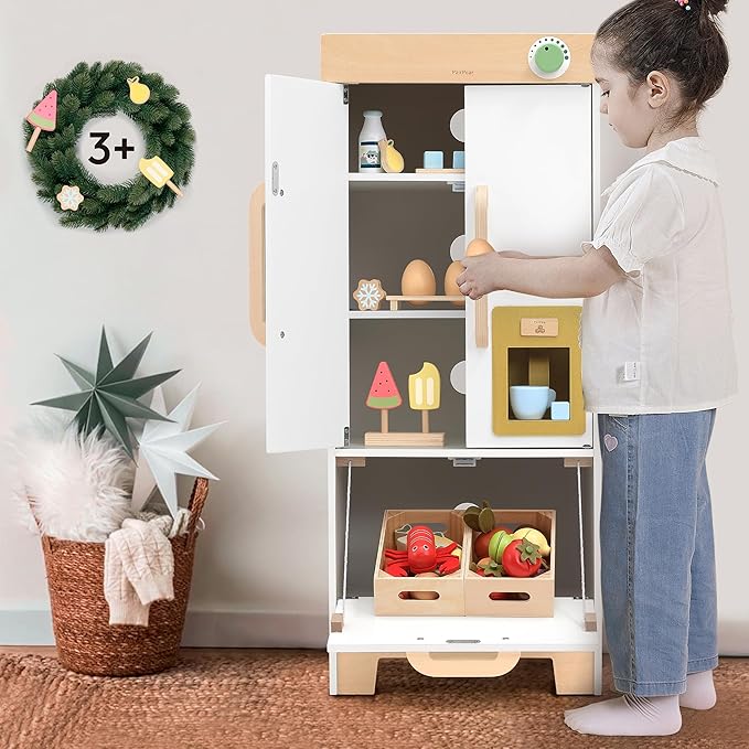 PairPear Kids Play Kitchen Toy Refrigerator, Wooden Toy Fridge Freezer Set for Kids, Toddler Kitchen Playset with Pretend Play Kitchen Acessories, Play Food Gift for Boys & Girls Age 3+