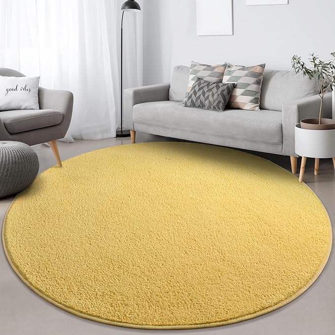 FlyDOIT Round Area Rugs for Bedroom Living Room, 4x4 Yellow Super Soft Comfy Thickened Memory-Foam Indoor Circle Carpets, Modern Aesthetic Minimalist Carpet for Boys Girls Adults Nursery Home Décor