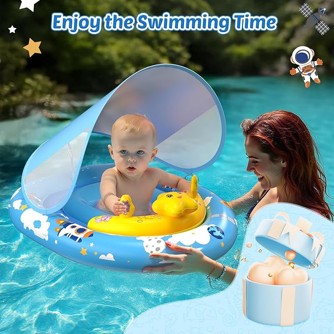 Baby Pool Float with Canopy UPF50+ Sun Protection, Inflatable Kids Pool Floats Infant Swimming Float with Toy Play Console Adjustable Safety Seat for Kids Girls Boys Aged 6-36 Months