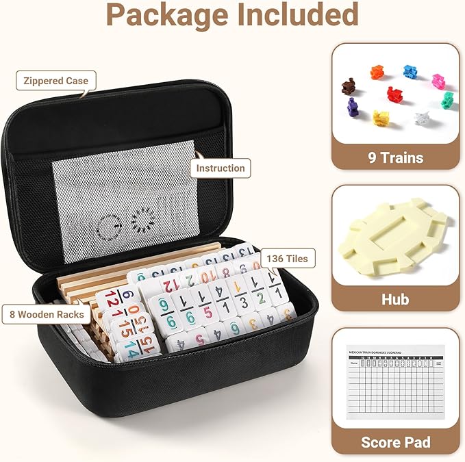 Mexican Train Dominoes Set with Numbers and 8 Wooden Trays/Racks, Double 15 Dominos Travel Set with 8 Tiles Holders, 136 Tiles Double 15 Colored Dominoes Game Set with Zippered Case for Family Kids