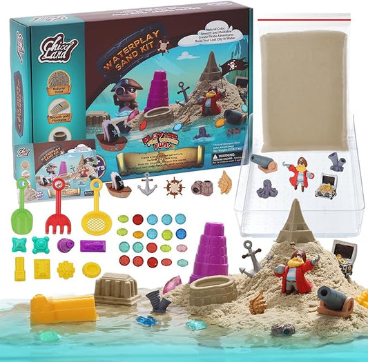 Waterplay Sand Kit – 2.2lb Pirate Adventure Sensory Sand for Summer Water Fun, Build Underwater Cities, Pirate Accessories, Molds, Gems, Tray & Tools, Outdoor Toy Gift for Kids Ages 4+