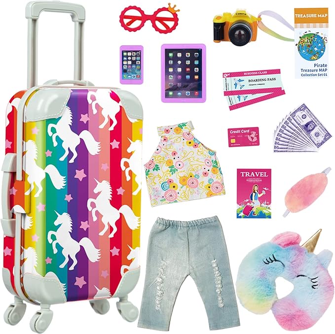 ZITA ELEMENT 24 Pcs 18 Inch Girl Doll Clothes and Accessories Travel Suitcase Set for 18 Inch Doll Accessories Unicorn Stuff