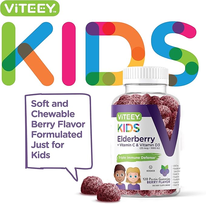 Viteey Sambucus Elderberry Gummies for Kids Immune Support Supplements with Vitamin D3 & Vitamin C 3-1 Immune Booster - Vegetarian, Gelatin Free, Gluten Free, GMO Free - Tasty Chewable Berry Flavored