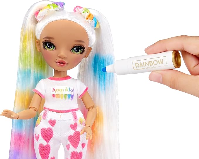Rainbow High Color & Create Fashion DIY Doll with Washable Rainbow Markers, Green Eyes, Straight Hair in 2 Pig Tails, Bonus Top & Shoes. Color, Create, Play, Rinse and Repeat. Creative 4-12+