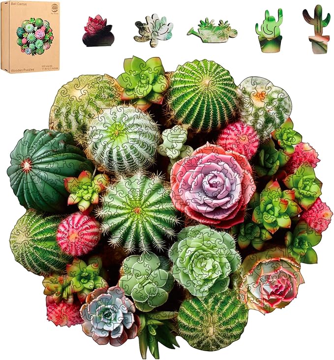 Ball Cactus Wooden Jigsaw Puzzle for Adult and Kids 300 Pcs Unique Shape Multicolor Wood Storage Box Fun Challenge Brain Teaser Family Game Creative Gift for Friends Rompecabezas Madera
