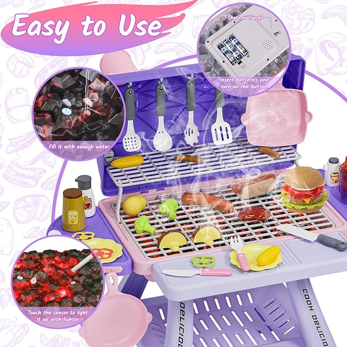 New Upgraded Kids BBQ Grill Playset with Smoke, Sound&Light, Toy Grill for Girls, Pretend Food Hamburger, Kitchen Barbecue Toy Game, Christmas Birthday Gift for 3-5 Kids, Pink & Purple