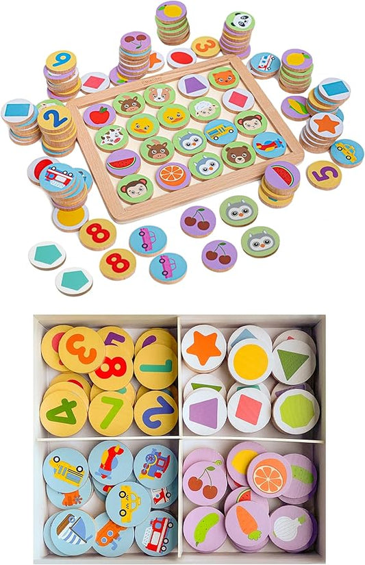 Bimi Boo Wooden Memory Matching Game for Toddlers 3+ Year Old - Memory Match Board Game with Tiles - Cognitive Skill Development Preschool Learning Toy (100 Tiles, 50 Matching Pair Chips, 5 Themes)