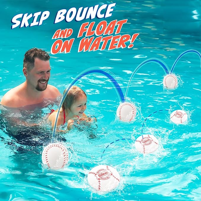 4Pcs Water Skipping Balls for Pool Play(Baseball Theme), Water Pool Beach Swim Toys for Kids Ages 4-8, 8-12 and Adults, Include 2 Balls and 2 Discs