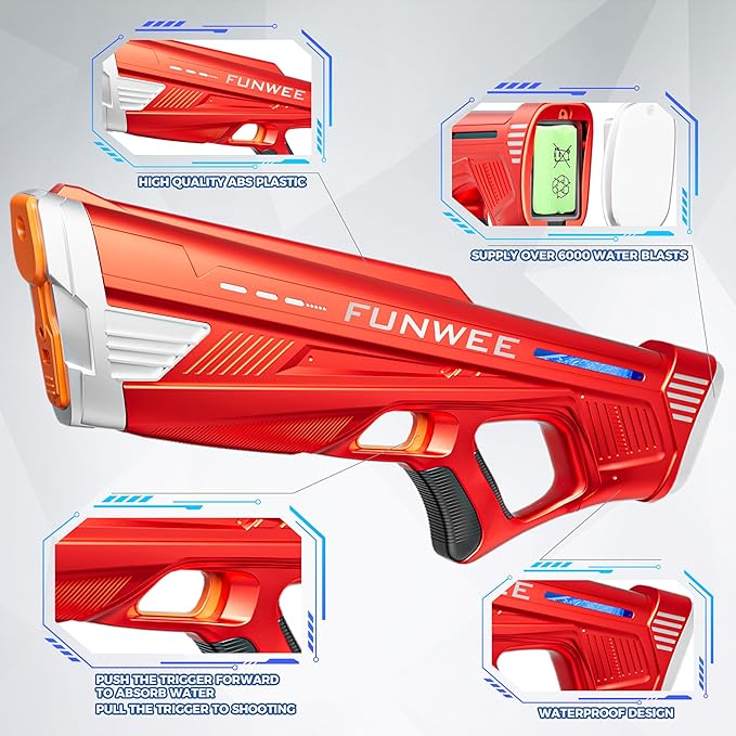 Electric Water Gun for Adults Kids, Powerful Automatic Squirt Gun, High Powered Shooting 100+ Blasts, Strongest Auto Water Blaster, Long Range, Pool Outdoor Water Toy Game(Red)