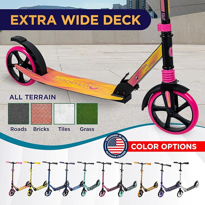 Outdoor Cruiser Kick Scooter for Ages 6+, for Kids, Teens, and Adults, Max Load 250 LBS, Foldable, 8-inch Big Wheels, Dual Suspension, 3 Adjustable Levels, Child Safety Approved, Yellow and Pink