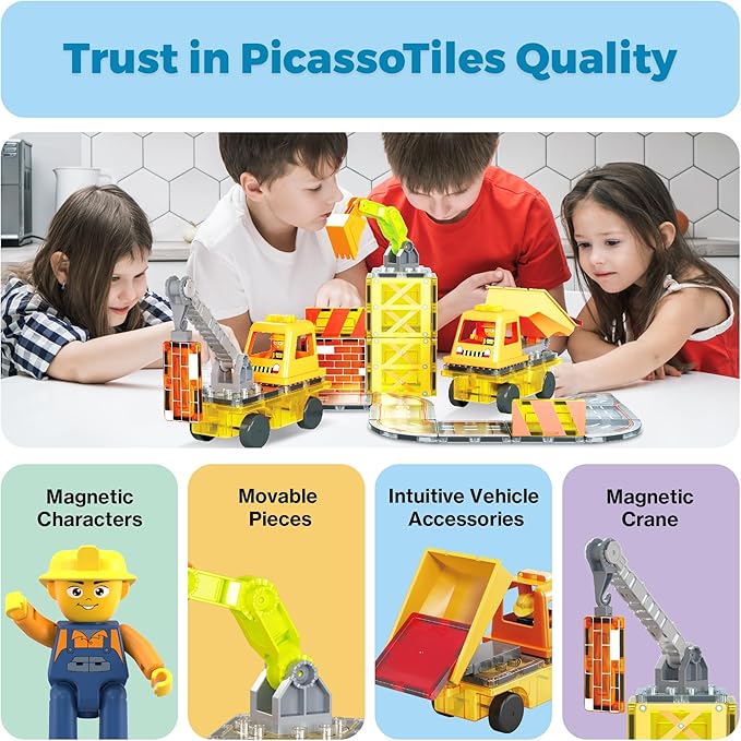 PicassoTiles Magnet Tile Construction Themed Building Blocks 5-in-1 Crane, Ladder, Dump Truck, Excavator, and Backhoe Action Figures, 2 Car Base Vehicles Magnetic Tiles Learning Toys Kids Ages3+ PTU06