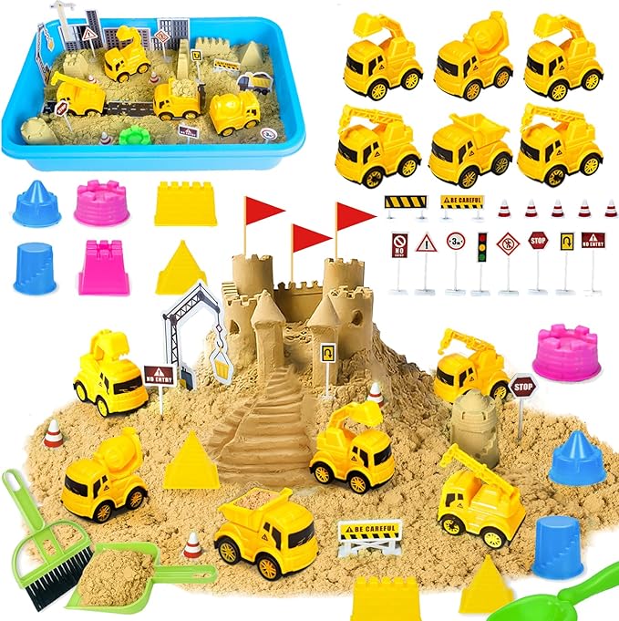 Construction Sensory Bin for Toddlers, Kids Play Sand Kit Toys Sandbox with 2.2lbs Magic Sand, Vehicles, Castle Molds, Road Signs, Shovel, Preschool Learning Activities Gifts for Boys Girls Age 3-5+
