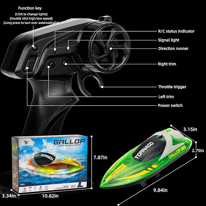 Remote Control Boats for 8-12, 15+ MPH Fast RC Boat with LED Lights, 2.4G RC Electric Speed Boats Pool and Lakes Toys for Kids