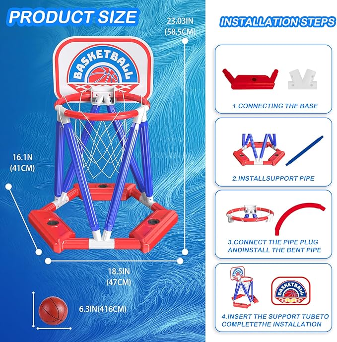 Swimming Basketball Hoop For Pool - Above Ground Floating Hoops with Backboard And 4 Balls,Summer Water Outdoor Indoor Games Set For Kids,Cool Family Play Fun Gifts Toy For Boys Girls Adults (Blue)