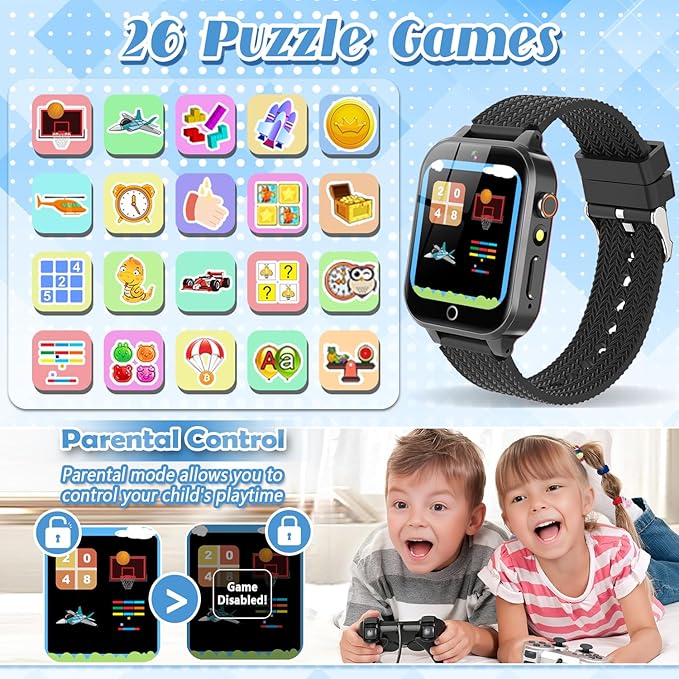 Tywop Smart Watch for Kids Girls Age 3-12 with 26 Puzzle Games HD Video Camera Touchscreen Music Player Learning Cards Storybook Pedometer Metal Case Kids Watch Toy Birthday Gifts