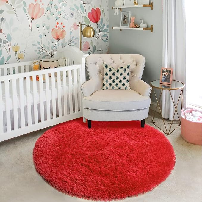 Amdrebio Red Round Rug 5Ft for Boys Bedroom, Fluffy Fuzzy Circle Area Rugs for Kids Room Decor Aesthetic, Plush Shaggy Furry Carpet for Living Room Nursery Dorm Classroom, Shag Baby Teen Christmas Rug