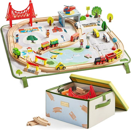 Tiny Land 110pcs Wooden Train Set with Folding Storage Box, Wooden Train Track Toy for Boys & Girls, Age 3-7, Includes Convenient Storage