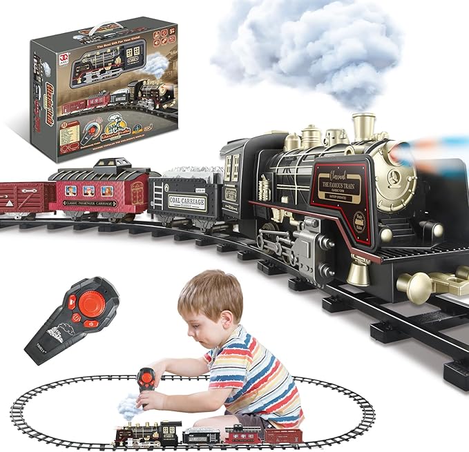 JUQU Train Set - Electric Train Set w/Remote Control, Smoke, Light, Whistle, Toy Train Set for Under Christmas Tree w/Track, Toddler Model Trains for 3 4 5 6 7 8+ Years Old Boys Christmas Toys Gift