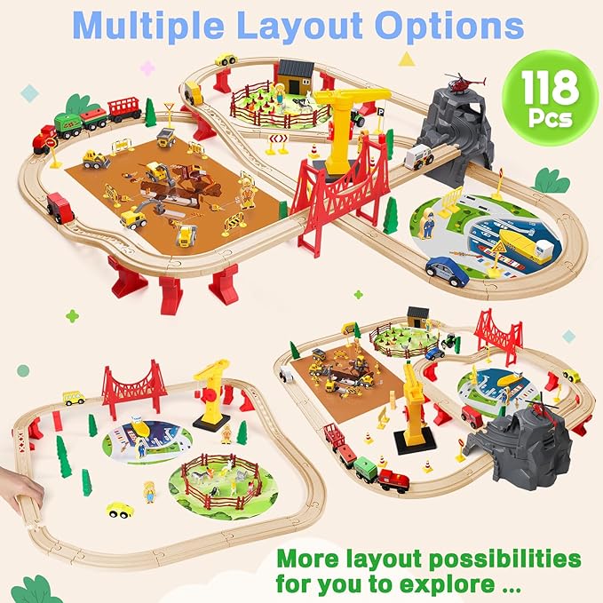 118Pcs Wooden Train Set for Kids, Wood Train Track Set Train Railway Accessories Toy Train Sets for Boys and Girls Gifts Ages 4 5 6 7 8 - Compatible with All Major Brands