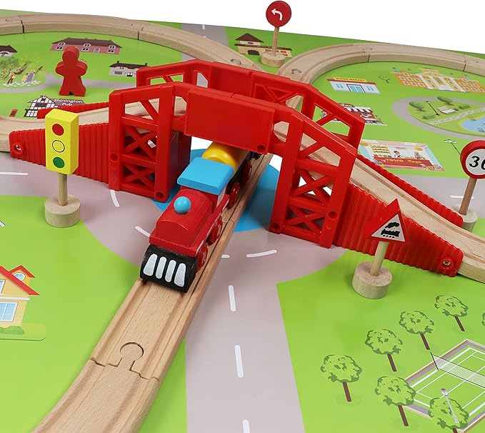 Wooden Train Set with Town Map-Shinington Railway Track Construction Building Toys for 3 Years Old Kids Boys Girls-Vehicles Transport Wooden Toys Gift for Toddlers 3 4 5 Years Old