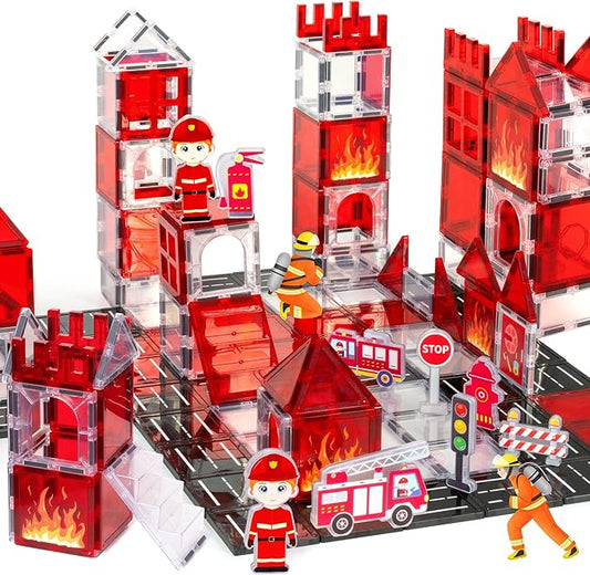 cossy Magnetic Tiles Firefighter Set, Magnetiles with Firefighter, Magnetic Tiles for Kids Ages 4-8, STEM Toys, Magnet Blocks for Boys and Girls, Creative Building Toys, Firefighter