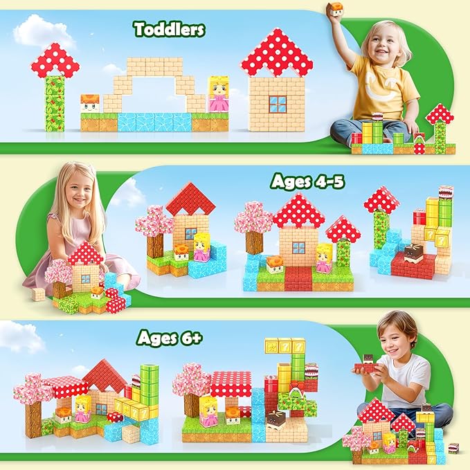 Magnetic Blocks - Build Mine Magnet World Magic Teleport Pipes Set, 1'' Magnetic Building Blocks Toddler Creative Kids Toys, STEM Sensory Outdoor Toys for 3+ Year Old Boys & Girls