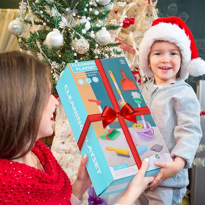 14PCS Toddler Kids Cleaning Toy Set, Kids Adjustable Mop Broom & Dustpan Set, House Cleaning Tool Toys for Toddlers 1-3,Montessori Learning Pretend Play Gift for Girl Boy 1-3-5 Year Old Clean Toy