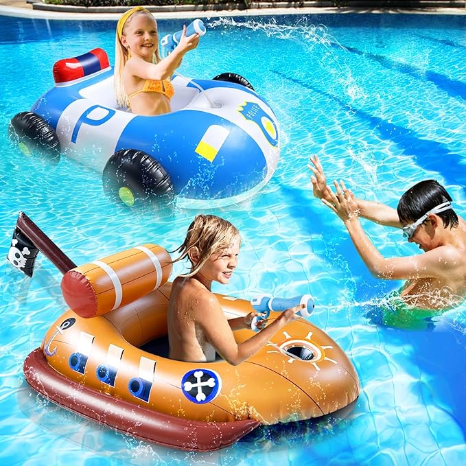 2 Pack Pool Floats Kids with Water Guns, Inflatable Pirate Ship & Police Car Pool Floaties Toys for 3-11 Years Kids Toddler Boys Girls Summer Outdoor Swimming Pool Party Games
