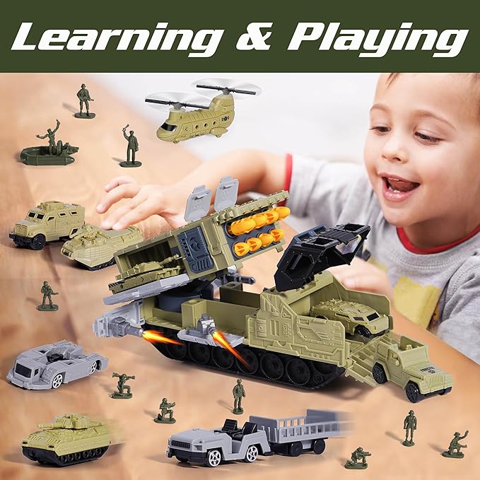 Military Tank Toy Sets with Launchable Missiles, Army Toys with 9 Vehicles, Helicopter Trucks Army Men Action Figures, Birthday Gift for Boys Age 4-7