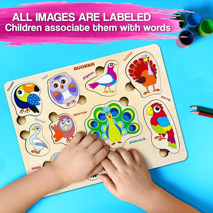 QUOKKA Wooden Puzzles for Toddlers Ages 1-3-5 – Animal Peg Puzzles for Kids 2-4 Years Old – Set of 3 Wood Learning Travel Toys for Children – Gift Educational Game for Boys and Girls