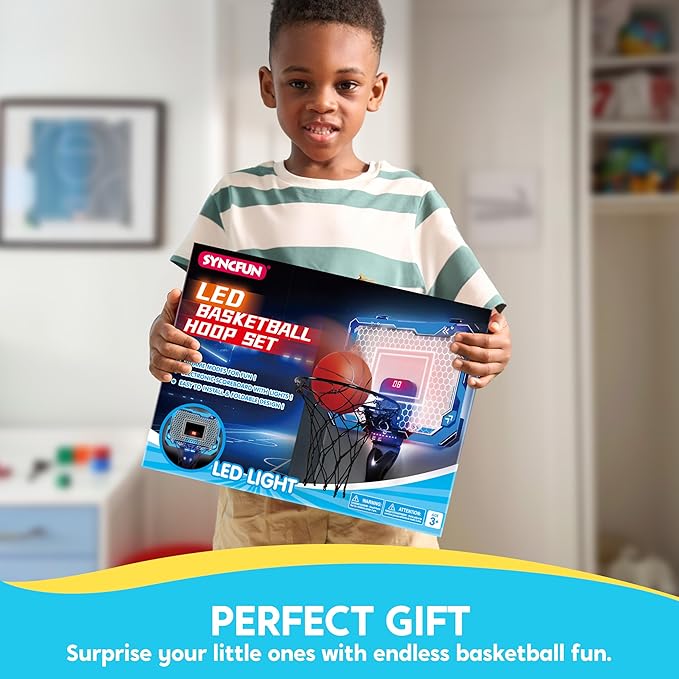 SYNCFUN Mini Basketball Hoop for Kids, Light Up Over The Door Basket Ball Hoops Toy, Mini Hoop with Scoreboard & 4 Balls, Sport Game Set, Birthday Gift Toy for Boys Girls Ages 3 and UP(Blue)