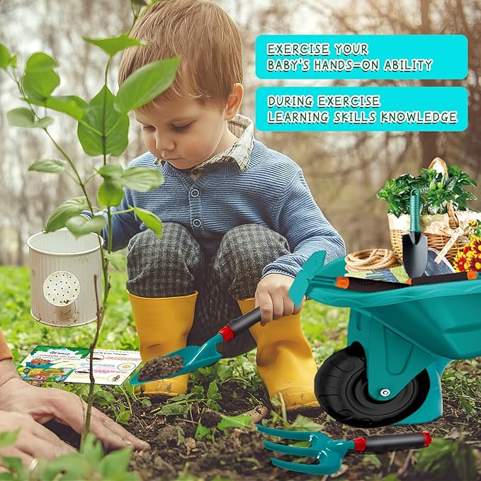 16Pcs Kids Gardening Tools Outdoor Toys Set Backyard Play with 93 PCS DIY Flower Garden Building Preschool Activities (Green)