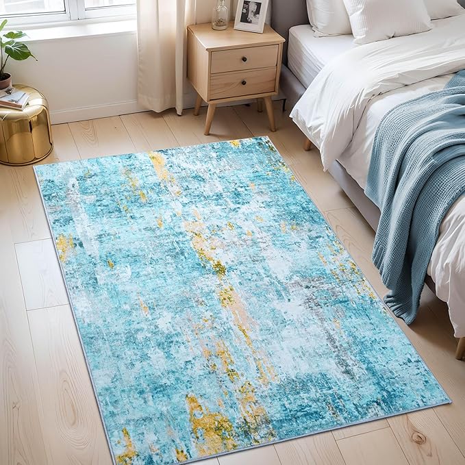 Entryway Rug 3x5 Teal Blue Bedroom Area Rug Washable Non Slip Abstract Boho Rugs for Indoor Entry, Kitchen, Classroom, Bathroom, Kids Girls Room, Office, College Dorm Small Carpet