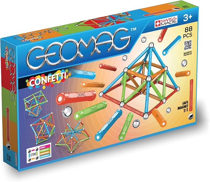 Geomag Magnetic Sticks and Balls Building Set | Magnet Toys for STEM, Creative, Educational Construction Play | Swiss-Made Innovation | Confetti 88 Piece Age 3+