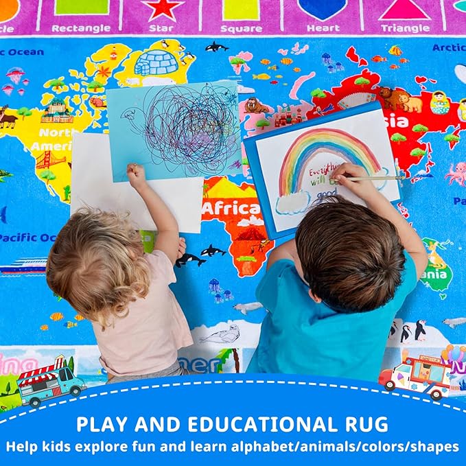 World Map ABC Kid Rug for Playroom Geography 59"×39.4" Classroom Play Rug Educational Baby Playmat Alphabet Rug Primary School Fluffy Ployester Non-Slip Preschool Rug Nursery Room Elementary Learning