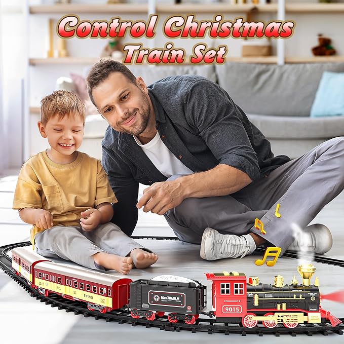 Hot Bee Christmas Train Set,Train Set for Toddlers 2-4,Christmas Train Sets for Around The Tree,Steam Locomotive with Lights,Sounds,and Spray,Easy Setup Train Toy,Perfect Train Set for Kids Ages 4-8