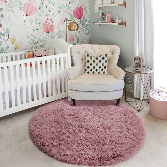 Blush Pink Fluffy Round Rug 4Ft for Bedroom, Fuzzy Furry Circle Area Rugs for Kids Room Decor Aesthetic, Shaggy Circular Carpet for Girls Nursery Dorm Baby Teen, Cute Neutral Dusty Rose Mauve Rug