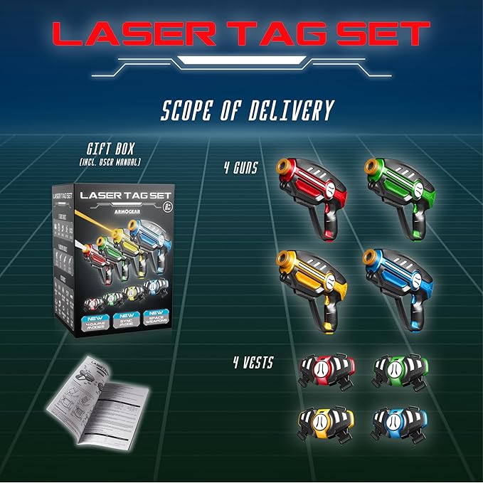 Laser Tag Set for Kids, Teens & Adults - 4 Blasters + 4 Vest Sensors with 4 Multi-Game Modes - Fun Ideas Age 8+ Year Old Toys - Lazer Teen Boy Games - Boys & Girls Outdoor Teenage Group Activities