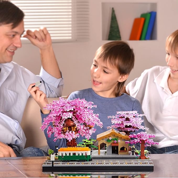 Japanese Cherry Blossom Train Station Micro Building Blocks Set - Creative Mini Bricks Model Kit for Adults and Kids (3668 PCS) with Figures